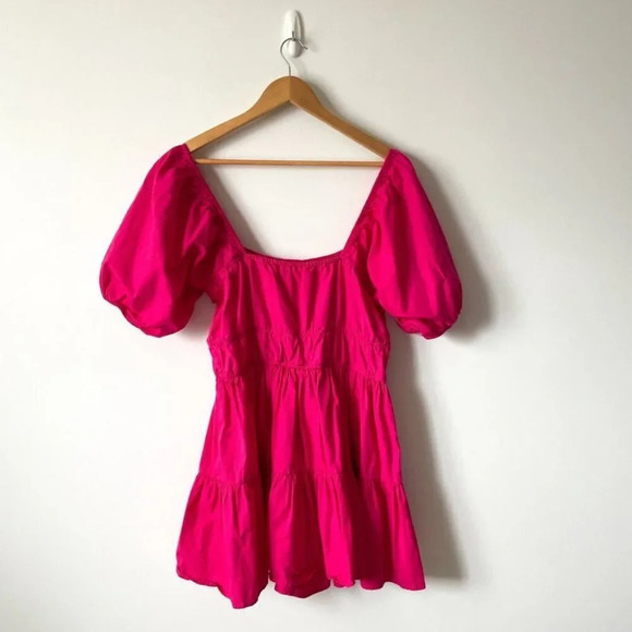Avec Les Filles Puff Sleeve Poplin Tiered Dress Pink Size Large - Picture 4 of 6